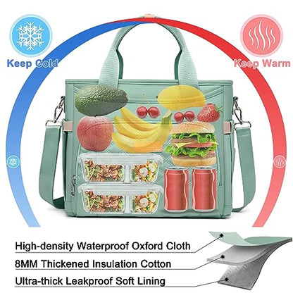 AIJIEKE Large Insulated Lunch Bag for Women Men, Work Lunch Box Tote, Green | Leakproof, durable multi-compartment cooler. Reusable with shoulder strap. Perfect for travel meal prep, picnic, beach - color: Green
