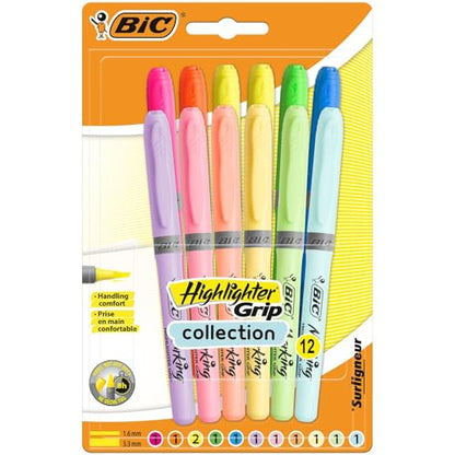 BIC Highlighter Grip, Ribbed Rubber Grip for Extra Comfort, Water-Based Ink, Assorted Intense and Pastel Colours, Pack of 12