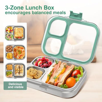 HOMEKOL Stainless Steel Bento Lunch Box, Green, 3.3Cups | 3-Compartment,Leak-Proof, for Kids & Adults, BPA-Free, Dishwasher Safe, Clear Tritan Lid, 800ml (Not Insulated) - color: Green, size: 27oz (800ml)