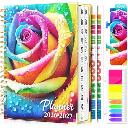 Academic Planner 2026-2027, 18 Months Weekly & Monthly Calendar Planner | July 2026 - Dec 2027, 9" x 11.6" A4 Size, Hardcover Daily Agenda with Tabs, Inner Pocket, Bookmark, Stickers, Sticky Note Set - color: Rainbow Rose, size: A4