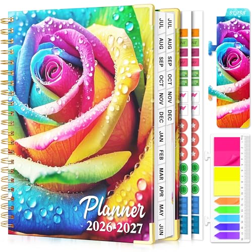 Academic Planner 2026-2027, 18 Months Weekly & Monthly Calendar Planner | July 2026 - Dec 2027, 9" x 11.6" A4 Size, Hardcover Daily Agenda with Tabs, Inner Pocket, Bookmark, Stickers, Sticky Note Set - color: Rainbow Rose, size: A4