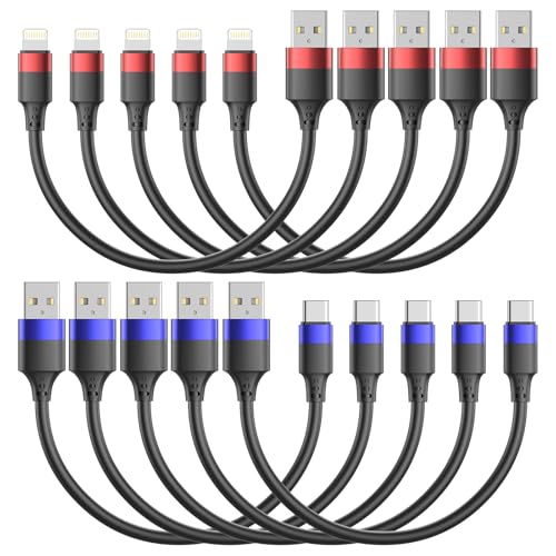 1ft Multipack Short iPhone Charger Cable for iPhone 14 13 12, Bulk Short USB A to USB C Cable 12 inch for Charging Station Compatible with iPhone 15 Samsung Galaxy S20 S10 Note 20 10, 10 Pack Mixed - size: 1 Foot, style: 5P Lightning + 5P USB-C
