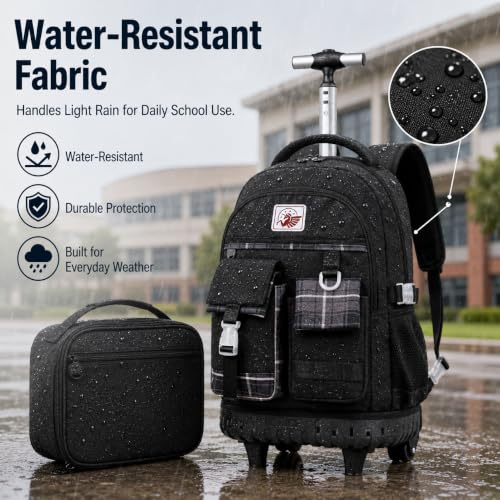 AGSDON Rolling Backpack for Girls, 21" Women Roller Wheels Bookbag, Laptop Wheeled Suitcase School Backpacks with Lunch Bag for Teens - color: Square Black