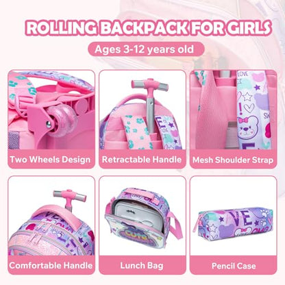 Kids Rolling Backpack for Girls TPU Material Bear Trolley Suitcases Luggage with Wheels Bookbag Wheeled 3pcs on Lunch Box Pencil Case Elementary Teenagers Pink for Girls Age 5-12 - color: Pink-0130-xiong