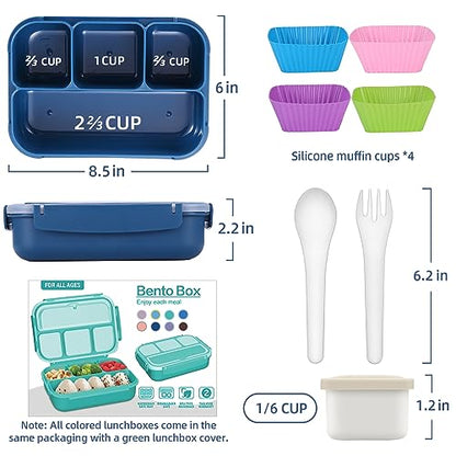 QQKO Bento Box Adult Lunch Box, Lunch Containers for Adults Men Women, Kids Lunch Boxes for School with 4 Compartments, Sauce Container, Utensils and Muffin Cups, Navy - color: Navy