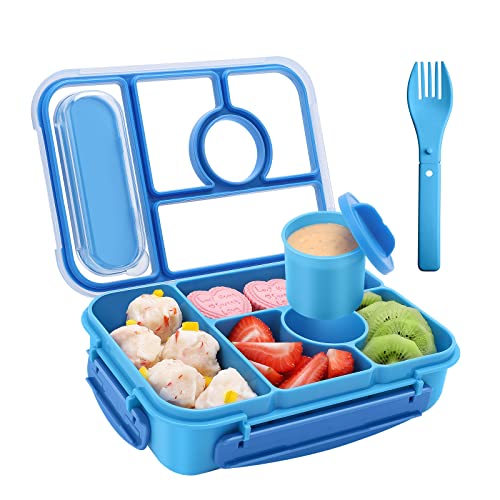 Amathley Bento Box Adult Lunch Box Kids,Lunch Containers for Adults/Kids/Toddler,5 Compartments Bento Lunch Box with Sauce Vontainers,Microwave & Dishwasher & Freezer Safe,BPA-Free (Blue) - color: Blue