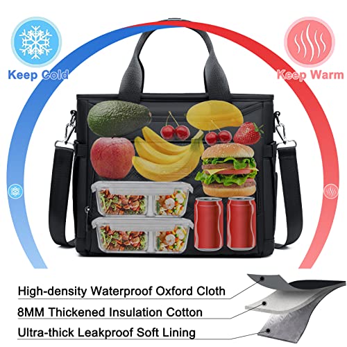 AIJIEKE Large Insulated Lunch Bag for Women Men, Work Lunch Box Tote, Black | Leakproof, durable multi-compartment cooler. Reusable with shoulder strap. Perfect for travel meal prep, picnic, beach - color: Black