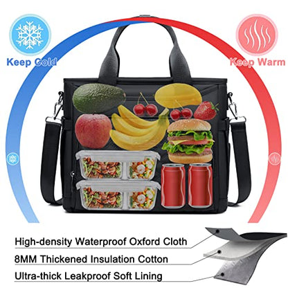 AIJIEKE Large Insulated Lunch Bag for Women Men, Work Lunch Box Tote, Black | Leakproof, durable multi-compartment cooler. Reusable with shoulder strap. Perfect for travel meal prep, picnic, beach - color: Black