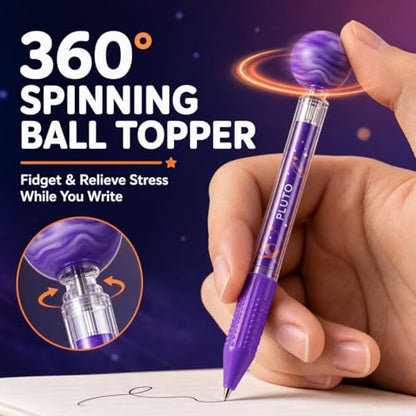 6 Pack Fidget Spinner Pens - 360° Rotating Ball Gel Pens, 0.5mm Black Ink Quick-Dry Planet & Emoji Retractable Pens for Kids & Adults, Stress Relief Stationery Office School Supplies Gift