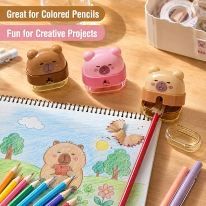 3 PCS Cute Pencil Sharpeners, Kids Pencil Sharpener Handheld, Fun Pencil Sharpener, Funny Manual Sharpeners Cartoon with Lid, Kawaii Capybara Stationary Gifts Mini School Office Supplies
