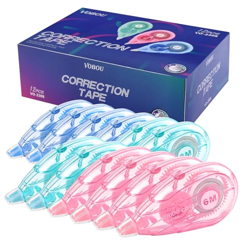 Vobou White Correction Tape Dispenser, Easy To Use Applicator for Instant Corrections, For school, Office (Blue,Green,Pink, 12pack, 6M/256, Tape Width 0.2in) - color: Blue & Green & Pink
