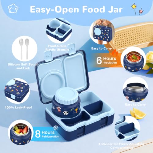 Kids Lunch Box with Thermo, Leakproof Bento Box for Kids with 8OZ Insulated Food Jar, Ice Pack, Sauce Cup, Utensils, Removable Tray & Dividers for School Daycare Travel (Football) - color: Football