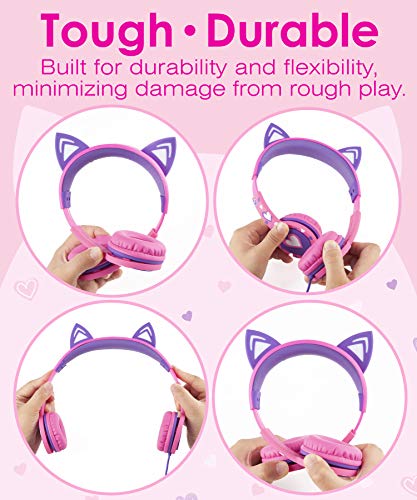FosPower Kids Headphones with LED Cat Ears (85dB Safe Volume Limit), 3.5mm Soft On-Ear Wired Headphones with Tangle-Free Laced Cables for iPad/Tablet/School/Travel - Hot Pink/Purple - color: 01 - Hot Pink/Purple