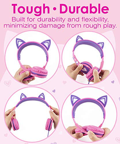 FosPower Kids Headphones with LED Cat Ears (85dB Safe Volume Limit), 3.5mm Soft On-Ear Wired Headphones with Tangle-Free Laced Cables for iPad/Tablet/School/Travel - Hot Pink/Purple - color: 01 - Hot Pink/Purple