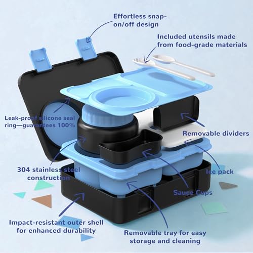 Bento Box for Kids, Leakproof Kids Bento Lunch Box Container with 8oz Insulated Thermo Food Jar, Sauce Jar, Utensil, DIY Stickers for School Boys Girls, 3-4 Compartments, BPA-Free - color: Black Blue
