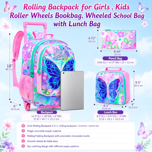 WZLVO 3PCS Roller Backpack for Girls, 18" Sparkling Butterfly Print Kids Rolling Backpack, Includes Matching Lunch Bag & Pencil Bag - Butterfly with Wings (Pink) - color: 3pcs Girls Rolling Backpack - Butterfly With Wings