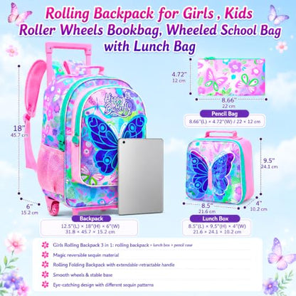 WZLVO 3PCS Roller Backpack for Girls, 18" Sparkling Butterfly Print Kids Rolling Backpack, Includes Matching Lunch Bag & Pencil Bag - Butterfly with Wings (Pink) - color: 3pcs Girls Rolling Backpack - Butterfly With Wings