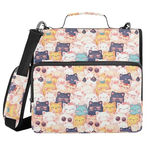 Cute Cartoon Cats Zipper Binder 3 Ring Binder with Zipper 1.5 Inch Shoulder Strap & Handle Binders Organizer Bag - color: Cute Cartoon Cats