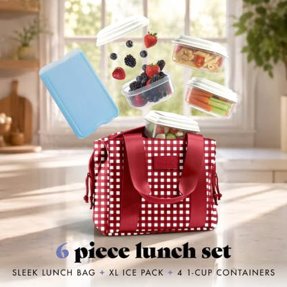 Fit & Fresh Remi Lunch Bag for Women Work – Neoprene Lunch Tote with Containers & Ice Pack, Reusable Meal Prep Lunch Box, Large Capacity, Machine Washable - color: Red Gingham