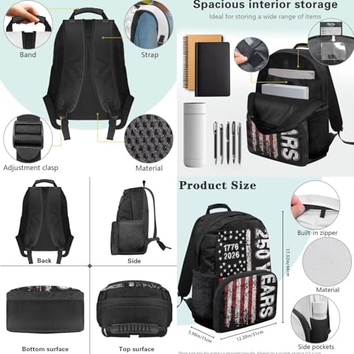 American Flag 250 Years 3PCS Backpack for Boys Girls Teens, 3 in 1 Lightweight 17 Inch School Backpack with Lunch Box Pencil Case for Middle High Students - color: American Flag 250 Years