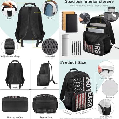 American Flag 250 Years 3PCS Backpack for Boys Girls Teens, 3 in 1 Lightweight 17 Inch School Backpack with Lunch Box Pencil Case for Middle High Students - color: American Flag 250 Years