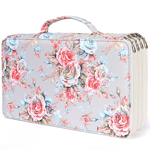 Vomgomfom 300 Slots Marker Bag, 4-Layer Zipper Portable Art Supply Organizer, PU Leather Large Capacity Marker Case Holds 100 Markers or 300 Colored Pencils with Handle (Gray Rose) - color: B Gray Rose, size: 300 Slots