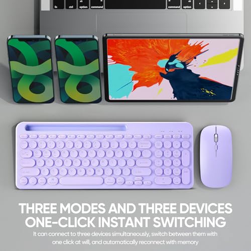 Wireless Keyboard and Mouse Combo with Phone Tablet Holder, Rechargeable Dual-Mode (Bluetooth 5.0 and 3.0 +2.4G) Multi-Device Silent Mouse for Windows, iPad, Tablet, MacOS,iOS,Android (Purple) - color: purple