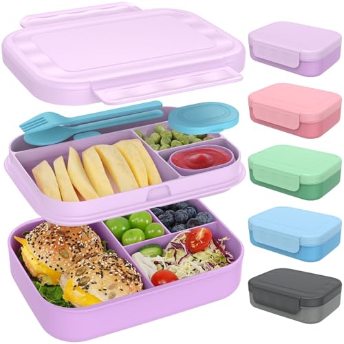 Caperci Bento Box for Kids - Stackable Leakproof Multiple Compartments Lunch Containers for Kids with Sauce Container, 5.8 Cups, Idea for School, On-the-go, Built-in Utensil Set, BPA Free (Purple) - color: Purple