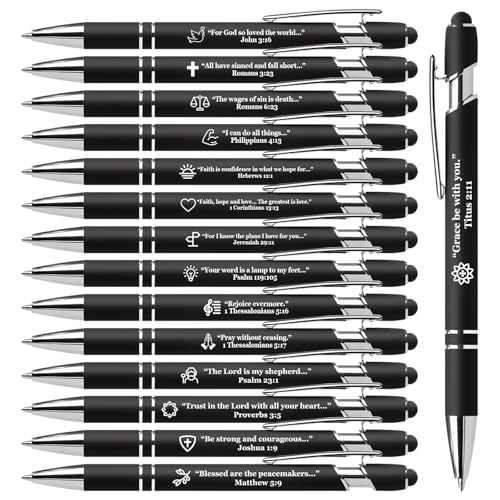 15 Pcs Personalized Bible Pens, Christian Inspirational Ballpoint Pen | Retractable Stylus Pens with Religious Scripture Quotes & Symbols, Smooth Writing Black Pen for Church, Daily, Black - color: Black, style: Christian