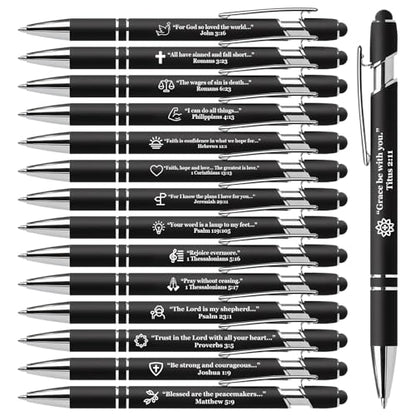 15 Pcs Personalized Bible Pens, Christian Inspirational Ballpoint Pen | Retractable Stylus Pens with Religious Scripture Quotes & Symbols, Smooth Writing Black Pen for Church, Daily, Black - color: Black, style: Christian