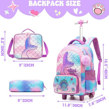 Meetbelify Kids Mermaid Rolling Backpack with Wheels for Elementary Students Kids Travel Luggage Carry on School Backpack for Girls Ages 6-8 - color: 01 Mermaid