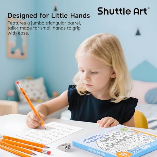 Shuttle Art Jumbo Pencils - 18 Pack Triangle Pre sharpened Pencils #2 HB with Top Erasers & Sharpener, for kids Ages 4-8, Kindergarten School Supplies, Ideal for Home, Classroom - size: 7.6 Inch