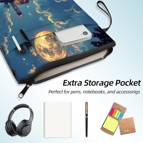Padded Book Sleeve with Zipper & Front Pocket, Fabric Book Cover | Full Moon Ocean Lighthouse11.4"x8.7" Washable Canvas Pouch for Hardcovers, Tablets & Reading Accessories - color: Full Moon Ocean Lighthouse