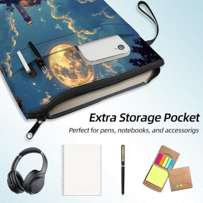 Padded Book Sleeve with Zipper & Front Pocket, Fabric Book Cover | Full Moon Ocean Lighthouse11.4"x8.7" Washable Canvas Pouch for Hardcovers, Tablets & Reading Accessories - color: Full Moon Ocean Lighthouse