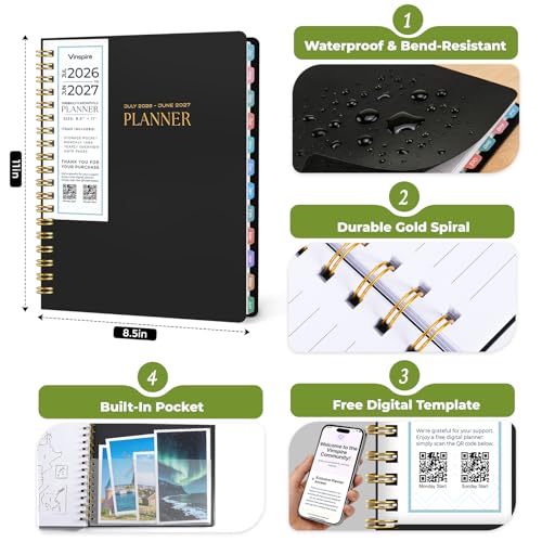 Vinspire 2026 Planner - Yearly, Monthly, and Weekly Planner 2026-2027 for Teachers & Students - Spiral US Academic Year Student Calendar Planners with Notes Pages 2026 Planner Weekly and Monthly - Large (Black, 8.5"×11") - size: 8.5"×11"