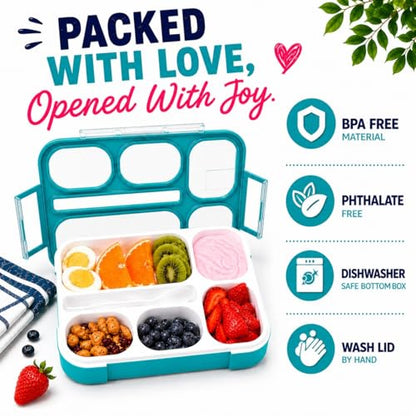 Bento Lunch-Box Set for Kids includes Snack Container | 6 and 3 Compartment Boxes Leakproof School Bentos or Meal Portion Control Containers BPA Free, Boys Girls Adults, Teal Large + MINI 2 pack - color: Teal-Blue Green Large + MINI 2 Pack
