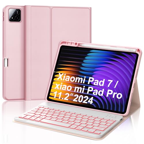 IVEOPPE Keyboard Case for Xiaomi Pad 8/8 Pro/Pad 7/7 Pro 11.2 Inch Backlit | 7 Color Backlit, Magnetic Detachable Wireless Bluetooth Keyboard, Pencil Holder, Stain Resistant Cover, Rechargeable - color: Pink2