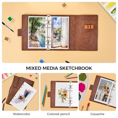 Lightwish Watercolor Sketchbook, 100% Cotton 300gsm Acid Free Cold Press, 6.69" x 3.94", 20 Sheets, Binder Bound & Refillable Paper for Artists,Adults,Students, Travel Art Journal - color: Brown