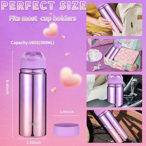 Mininoo Kids Water Bottle, Girls Water Bottles for School, 16oz Metal Water Bottle Kids with Straw Lid - color: 16oz Specular Purple/Pink, size: 16 Ounces