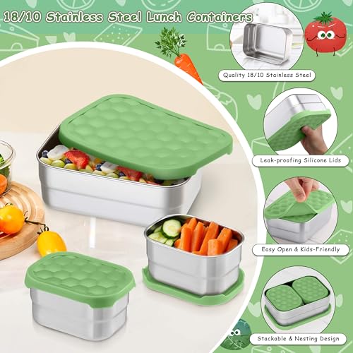 Homikit 3 Pack Kids Lunch Box Set, 18/10 Stainless Steel Bento Boxes with Silicone Lids Leak Proof, 5 Cups Reusable Metal Food Snack Containers for School Daycare, Nontoxic & Dishwasher Safe, Green - color: Green, size: Medium