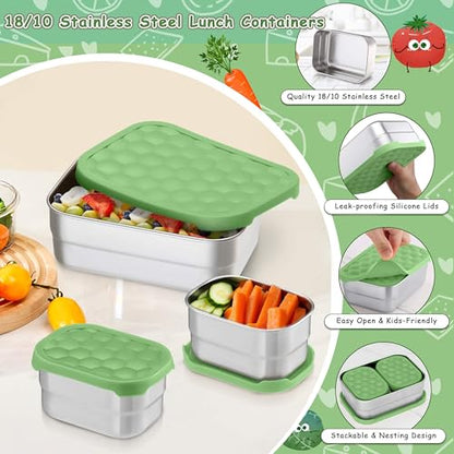 Homikit 3 Pack Kids Lunch Box Set, 18/10 Stainless Steel Bento Boxes with Silicone Lids Leak Proof, 5 Cups Reusable Metal Food Snack Containers for School Daycare, Nontoxic & Dishwasher Safe, Green - color: Green, size: Medium