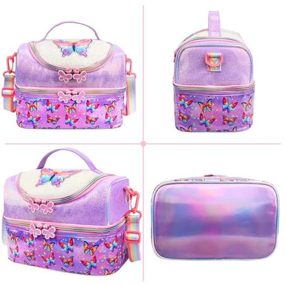 RHCPFOVR Kids Lunch Bag - Double - Decker Cooler Insulated Lunch Box for Boys Girls Women,Washable Lunch Bag with Strap and Reusable Toddler Lunchbox for School and Daycare - color: Purple Butterfly 1