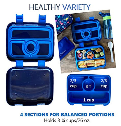 Bento Lunch Box with Bag, Water Bottle & Ice Pack Set for Kids Toddlers, 4 Portion Sections, Removable Tray, Pre-School Boy Toddler Daycare Lunches, Insulated Snack Container, Blue Space Dinosaur - color: Blue Rocket Dinosaur Set