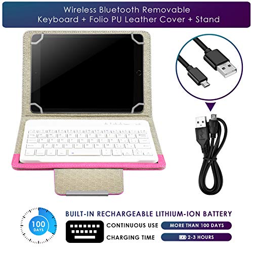 DETUOSI Universal 8.0 inch Android Tablet Case with Keyboard, Removable Wireless Bluetooth Keyboard + PU Leather Folio Book Cover + Stand, Travel Portable Sleeve for iOS/Android/Windows System Tablet - color: Hot Pink Case + White Keyboard