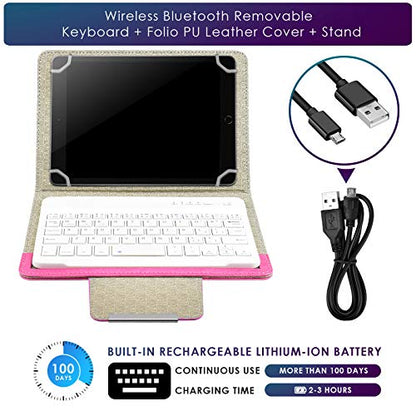 DETUOSI Universal 8.0 inch Android Tablet Case with Keyboard, Removable Wireless Bluetooth Keyboard + PU Leather Folio Book Cover + Stand, Travel Portable Sleeve for iOS/Android/Windows System Tablet - color: Hot Pink Case + White Keyboard
