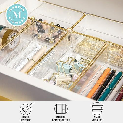 Martha Stewart Kerry Plastic Stackable Office Desk Drawer Organizers, 6" x 3", 6 Pack, with Gold Trim - size: 6" x 3"