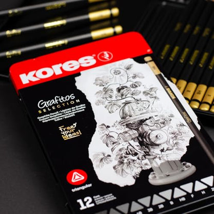 Kores - Grafitos: Graphite Pencils Different Grades Set for Kids and Adults with Soft Lead, Triangular Shape, School and Art Supplies for Writing, Drawing and Sketching, Set of 12 in Metal Box