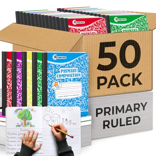 Rosmonde Composition Notebook Bulk, 50 Pack, Draw and Write Journals, 200 Pages (100 Sheets), 9-3/4 x 7-1/2, K-2 Primary Ruled Composition Notebooks, Bulk School Supplies, Hard Cover, Colors Marbles - size: Full Box | Bulk Value Pack, style: Assorted - Wr