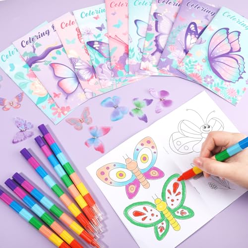BenLouis 24 Butterfly Mini Coloring Books Kids with 24 Stacking Crayons Butterfly Theme Party Favors Activity Books Bulk for Kids Spring Fairy Birthday Goodie Bag Gift Stuffer Classroom Reward - style: Butterfly