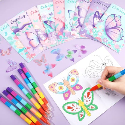 BenLouis 24 Butterfly Mini Coloring Books Kids with 24 Stacking Crayons Butterfly Theme Party Favors Activity Books Bulk for Kids Spring Fairy Birthday Goodie Bag Gift Stuffer Classroom Reward - style: Butterfly